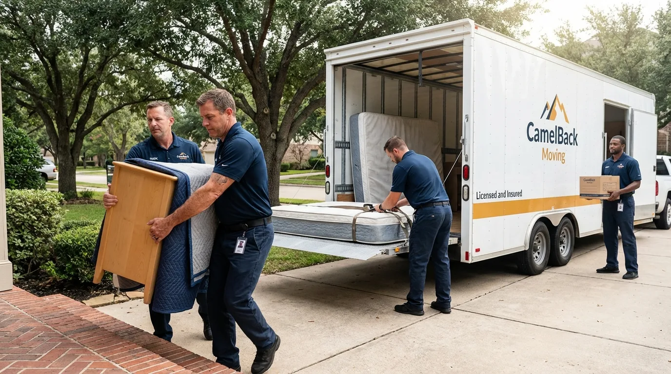 Crew loading residential truck for cross-state move from Astoria, OR
