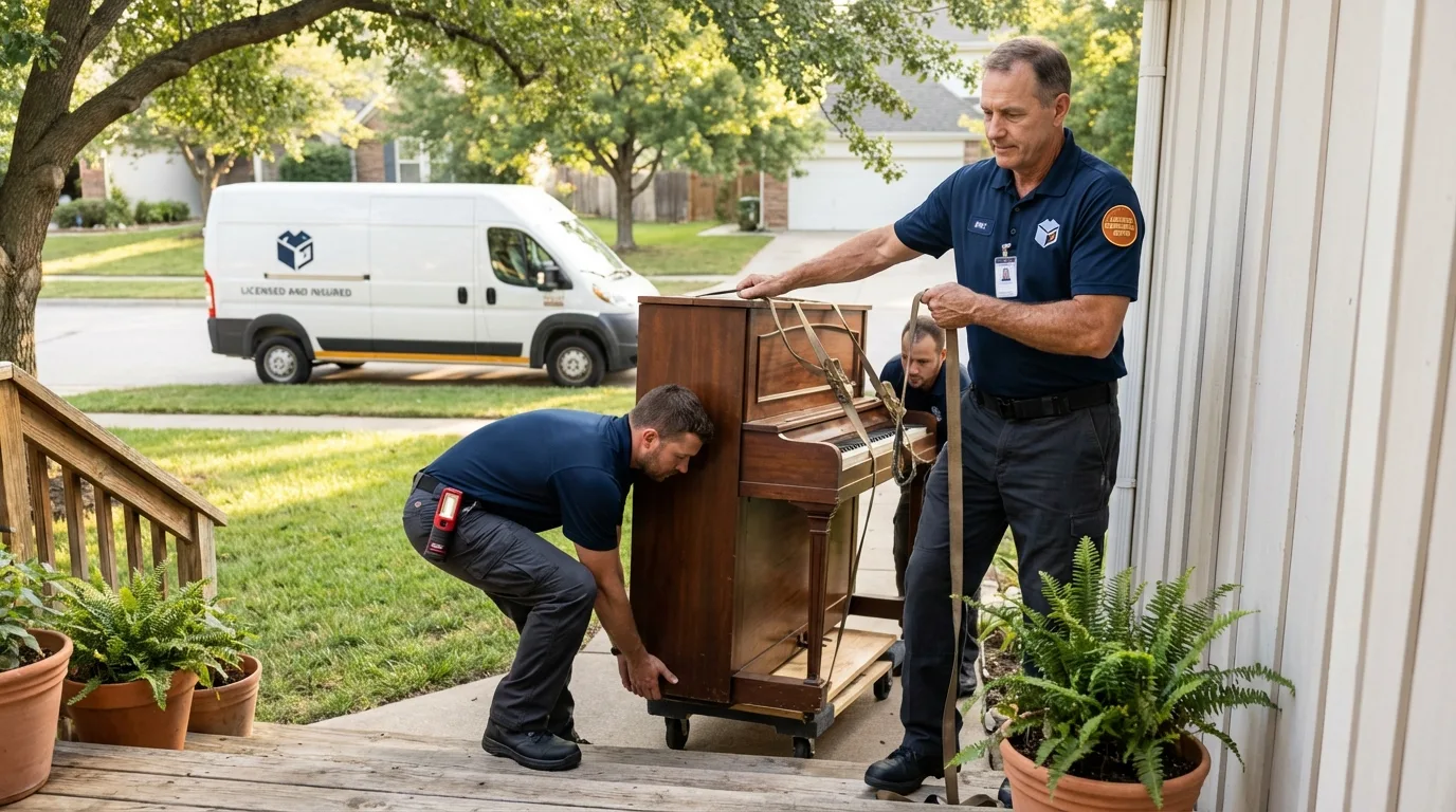 Licensed piano movers securing grand piano in Astoria, OR