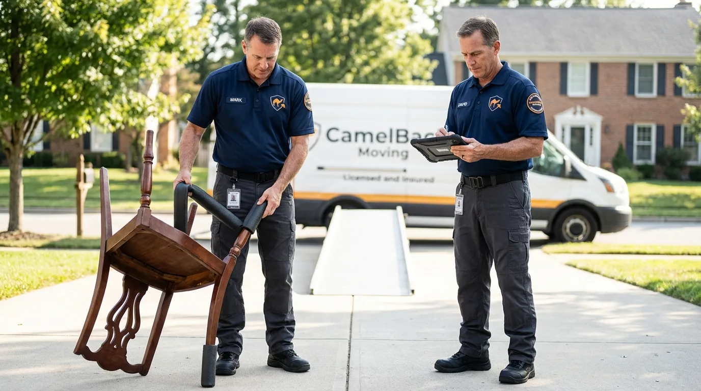 Movers inspecting furniture for damage prevention before loading in Astoria, OR