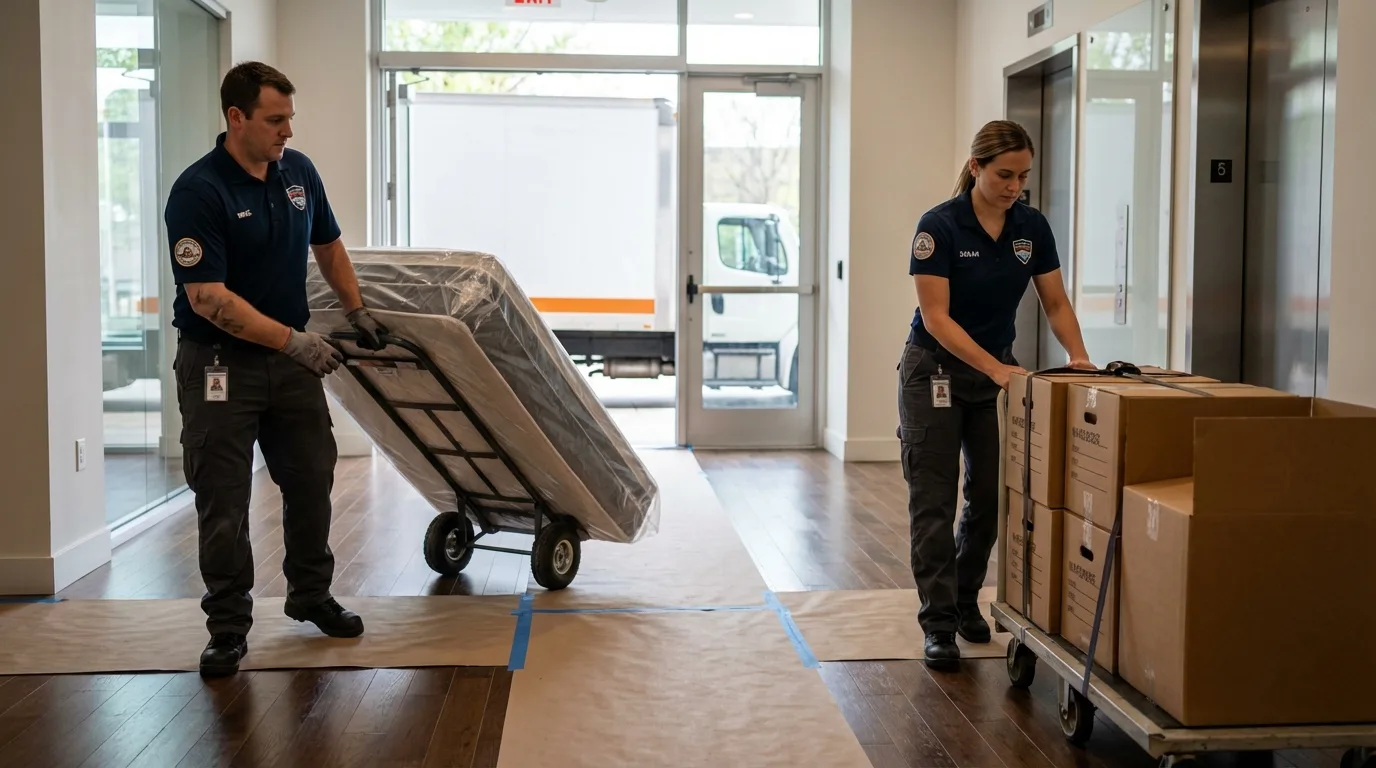 Professional apartment movers loading elevator in Astoria, OR