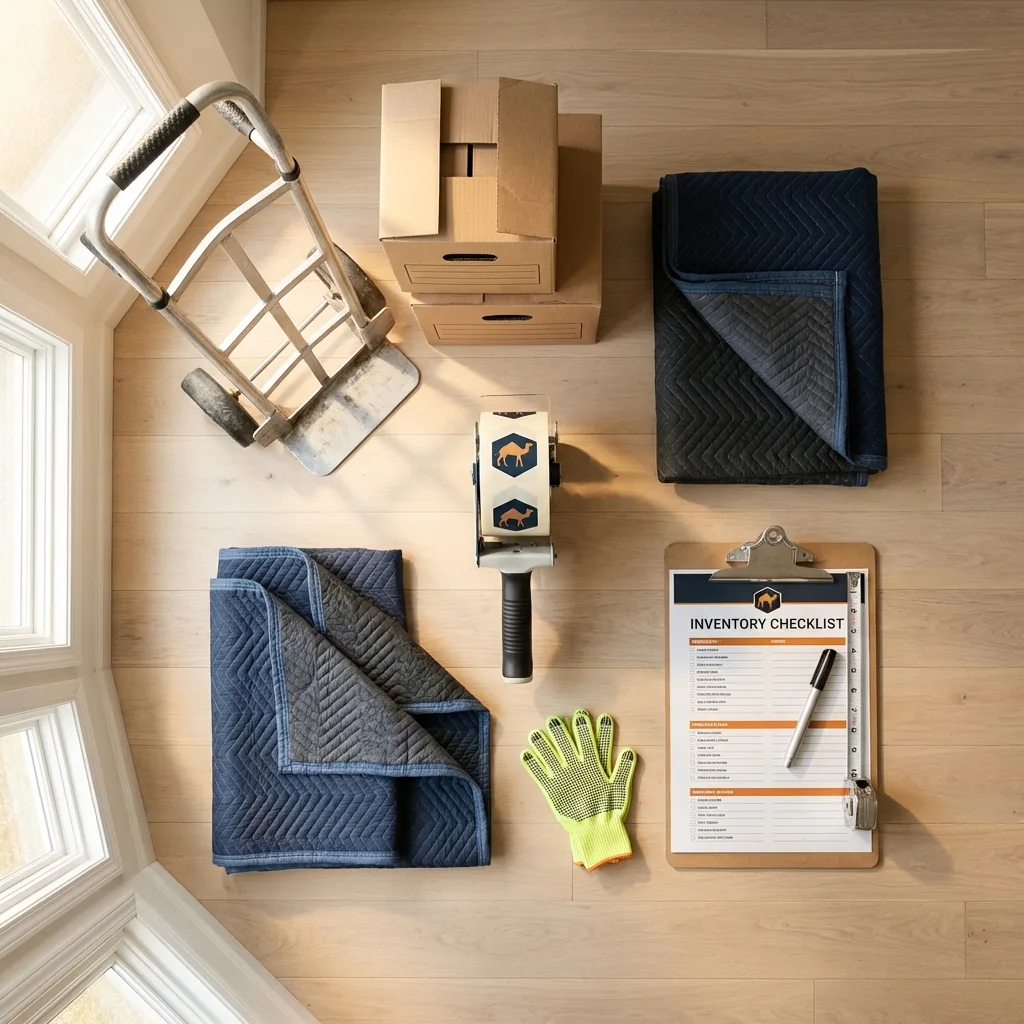Professional moving supplies and packing materials layout for Astoria residential relocations